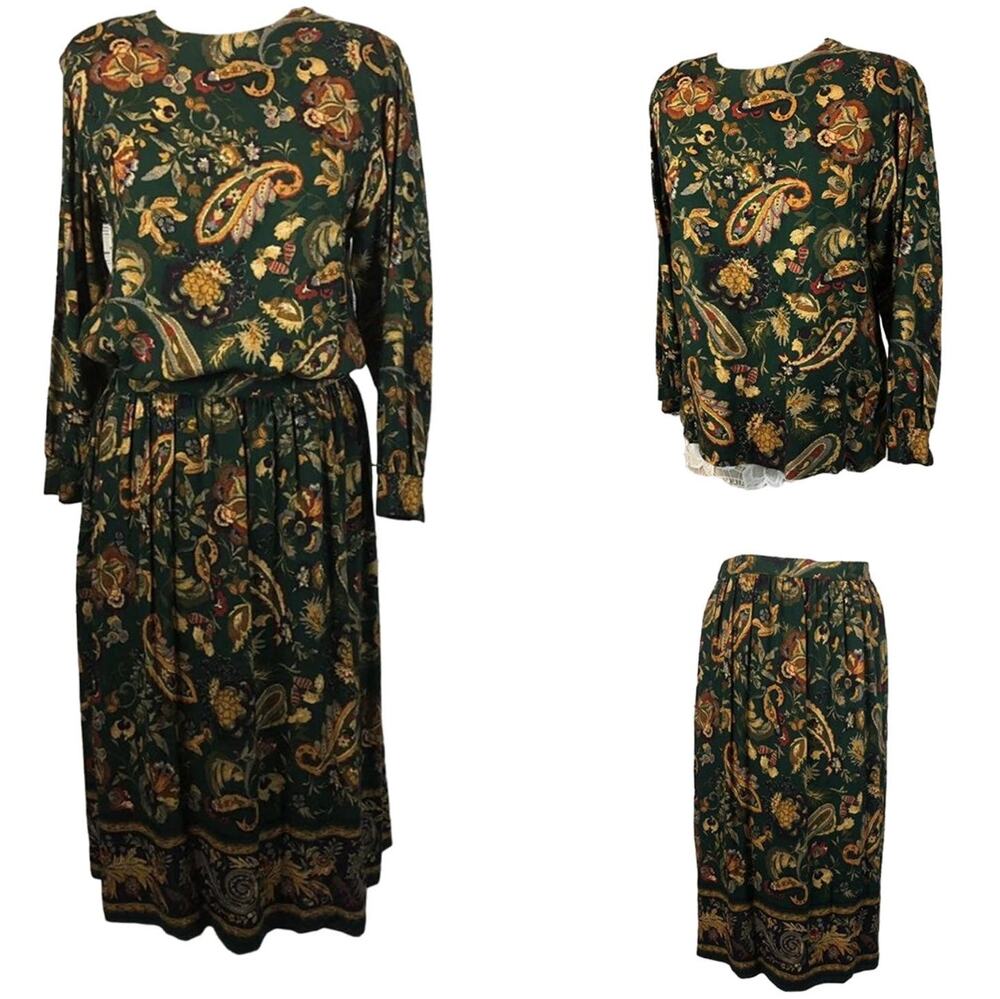 Vintage 70's Alfred Dunner Green Paisley long skirt & matching top size 12 p